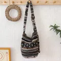 Cozy Fair Isle patterned plush shoulder bag with adjustable wooden button for winter - Adjustable Length / Gray Ethnic Stripe