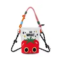 Cartoon strawberry print canvas bucket bag with colorful rope handle and crossbody strap - White Tomato