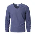 Camiseta informal de lino azul polvoriento para hombre con cuello en V y manga larga - M / Tops / Azul marino