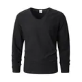 Casual black V-neck long-sleeved linen-texture shirt for men's casual outdoor wear - Black