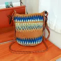 Elegante bolso bandolera de lana de cordero con motivos zigzag en azul y naranja y cuerda - Estilo de Cubo Pequeño (HT-277) / Cordón / Azul Caqui Fair Isle