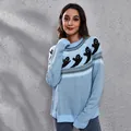 Cozy light blue Halloween sweater featuring black ghost patterns and knit textures - S / Tops / Light Blue