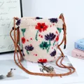 Bolso bandolera de felpa de lana de cordero floral blanco crema con correas de cuerda naranja - Estilo de Cubo Pequeño (HT-277) / Cordón / Pequeñas Flores Beige Amarillo