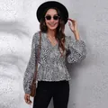 Stylish V-neck cinched waist chiffon blouse with lantern sleeves and black heart print - S / Tops / Heart