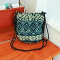 Bolso bandolera de felpa sherpa con estampado azul y correa de cordón - Estilo de Cubo Pequeño (HT-277) / Cordón / Rayas Étnicas Cián