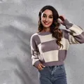 Stylish loose checkerboard knitted sweater with dropped shoulders in purple and cream tones - S / Tops / Purple