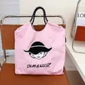 Grand sac cabas rose en nylon de style japonais avec broderie portrait pour femme - Rose - Femme au Chapeau à Voile