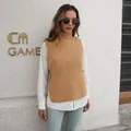 Close-up detail of a stylish camel turtleneck knit vest with decorative side buttons - S / Tops / Wheat Yellow