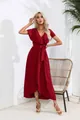Elegant red ruffle V-neck wrap maxi dress with waist tie for a stylish summer look - Burgundy