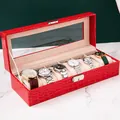 Elegante scatola porta orologi in pelle rossa a coccodrillo con 6 scomparti e vetro - Motivo coccodrillo con serratura a barra / 6 Scomparti / Rosso