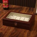Scatola per orologi in pelle marrone con 10 scomparti e finestra in vetro - Motivo semplice (Serratura quadrata) / 12-slot / Marrone