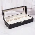 Elegante scatola porta orologi in pelle nera a 6 slot con coperchio in vetro e cuciture. - Motivo semplice (Serratura quadrata) / 6 Scomparti / Nero