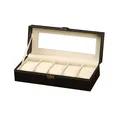 Scatola porta orologi professionale a 5 posti in pelle nera con finestra e cuciture bianche - Motivo semplice (Serratura quadrata) / 5 Slot / Nero