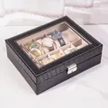 Custodia elegante per orologi in pelle nera con motivo coccodrillo e coperchio - Motivo coccodrillo (Serratura a barra) / 10-slot / Nero