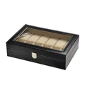 Scatola porta orologi in pelle nera a 10 scomparti con coperchio in vetro e cuscinetti - Motivo Semplice (Interno Beige/Serratura Quadrata) / 12-slot / Nero