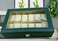 Elegante scatola porta orologi a 12 slot in pelle verde smeraldo con vetro - Motivo semplice (Serratura quadrata) / 12-slot / Verde