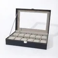 Zwarte lederen horlogedoos met 12 vakken, transparant venster en elegante metalen sluiting - Grey Interior / 12 Slots / Zwart