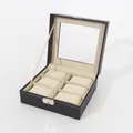 Elegante zwarte kunstlederen horlogebox met 6 vakken en zachte crème kussentjes - Horizontaal / 6 Vakken / Zwart