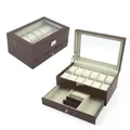 Luxe bruine lederen horlogedoos met twee lagen, glazen deksel en een handige lade - Double Layer 12-Slot / Bruin