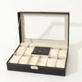 Elegante scatola per orologi in ecopelle nera con coperchio in vetro trasparente - 8 Slot per Orologi + Portagioie (Serratura a Barra) / Nero