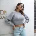 Detail view of women's gray ribbed raglan sleeve cropped knit sweater for fall - S / Tops / Gray