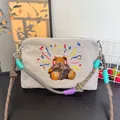 Grey waterproof embroidered crossbody bag with cute bear motif and colorful rope strap - Musical Bear / Waterproof Nylon (Includes 2 Straps) / Light Gray