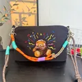 Japanese style black waterproof crossbody bag with bear embroidery and colorful strap. - Musical Bear / Waterproof Nylon (Includes 2 Straps) / Black