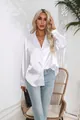 Detail of white satin long-sleeve blouse with blazer collar on female model - S / Top (0303YT) / Champagne