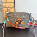 Japanese style grey waterproof shoulder bag with teddy bear embroidery and colorful rope strap. - Musical Bear / Waterproof Nylon (Includes 2 Straps) / Dark Gray