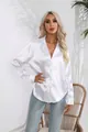Close-up of elegant white satin long-sleeve blouse with stylish suit collar detail - S / Top (0303YT) / White