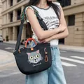 Cute Japanese style black tote bag with embroidered cat face and colorful strap - Handbag Only / Black with Grey Cat