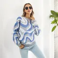 Loose fit women's knit sweater with blue and grey swirl pattern for casual style - S / Tops / Blue
