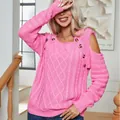 Cozy pink cable-knit cold shoulder pullover sweater with square neck and button details - S / Tops / Pink