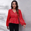 Elegant red V-neck floral print chiffon top featuring long lantern sleeves and cinched waist - Red Floral