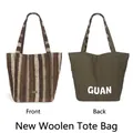 Double-sided striped woolen tote bag with large capacity shoulder strap - Double Sided Style / Brown Stripe