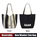 Reversible autumn winter woolen tote bag featuring black and white stripes and GUAN text - Double Sided Style / Black and White Vertical Stripes