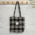 Minimalist casual plaid wool tote bag for women with MISS BAG handmade patch label - Plaid Style (HT-200) / Black-Grey Plaid