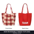 Stylish reversible woolly plaid tote bag with large capacity for autumn and winter shoulder carry - Double Sided Style / Red Plaid