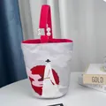 Minimalist artistic canvas bucket handbag featuring a red pearl handle and art print - Red Umbrella Character Print (01)