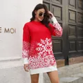Red Christmas sweater dress with white snowflake jacquard patterns and elegant lantern sleeves - S / Dresses / Red
