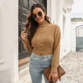 Modisches Model in khakifarbenem Strickpullover mit Rollkragen und Zopfmuster - Weizengelb