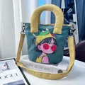 Cute hand-painted girl canvas bucket bag with adjustable yellow strap - Frog Hat Girl Style (01) / Blue and Green