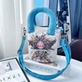 Cute hand-painted girl illustration canvas bucket bag with bright blue handles and strap - Wreath and Lamb Girl Style (03) / Off-White and Bright Blue Contrast