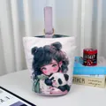 Cute panda and little girl illustration print canvas bucket bag with a purple handle strap - Panda and Girl (01) / Off-White (Purple Handle)