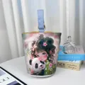 Creative panda and girl illustration canvas bucket handbag with blue wooden ring handle - Panda Waterskiing (02) / Off-White (Blue Handle)