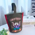 Trendy cartoon cat canvas bucket handbag in olive green and red for daily casual use. - Brown Cat