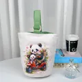 Fresh panda printed canvas bucket bag featuring green handle and cute illustration - Panda Biking (04) / Off-White (Light Green Handle)