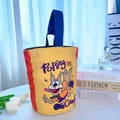 Trendy yellow canvas bucket bag with cute cartoon cat print and sturdy blue handle - Yellow Cat Print