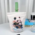 Stylish white canvas bucket bag featuring cute panda print with green handle strap - Off-White (Fresh Green Handle)