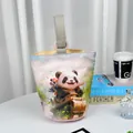 Elegant canvas bucket bag featuring a hand-painted panda print and soft fabric handle - Off-White (Gray Handle)